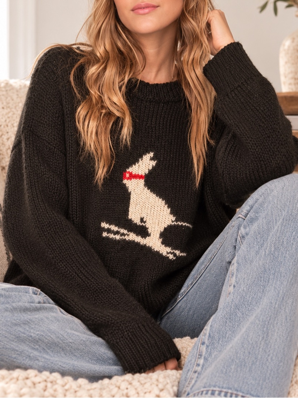 Wooden Ships Ski Bunny Pullover Sweater Black Medium Large Knit Wool Mohair NWT